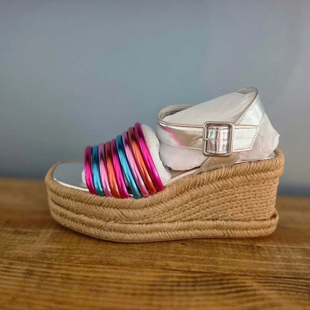 Kenneth Cole Womens Platform Wedge Sandals Silver Multi Metallic Espadrille 5.5M